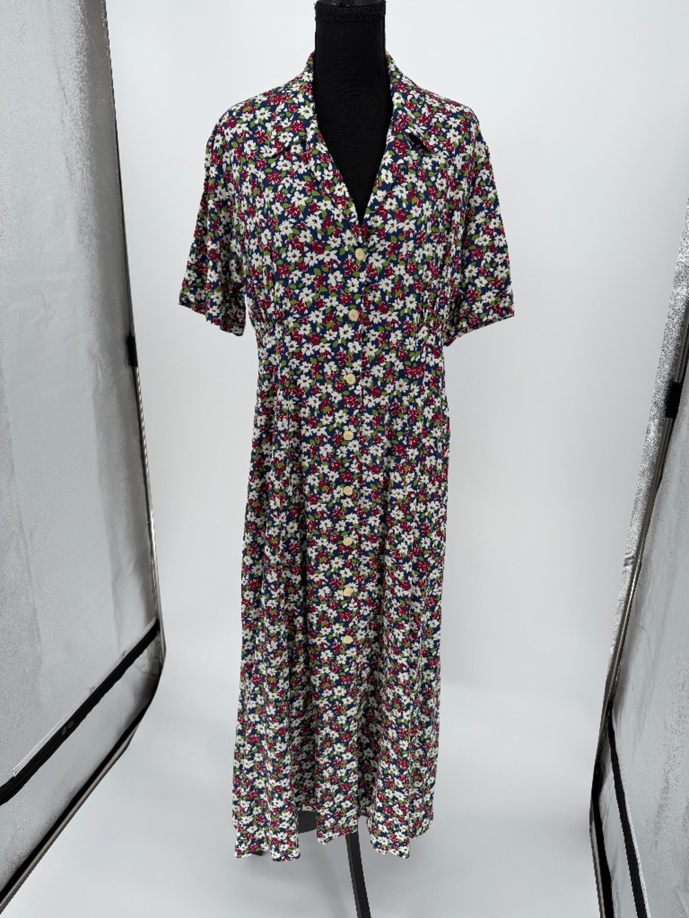 Vintage J.Crew Red White Blue Ditsy Floral Button Front Shirtdress L